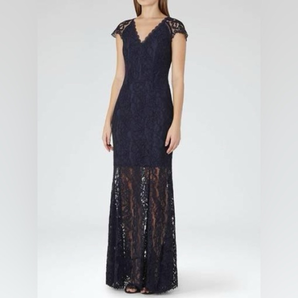 Reiss Haelo Navy Blue Lace Maxi Dress Gown